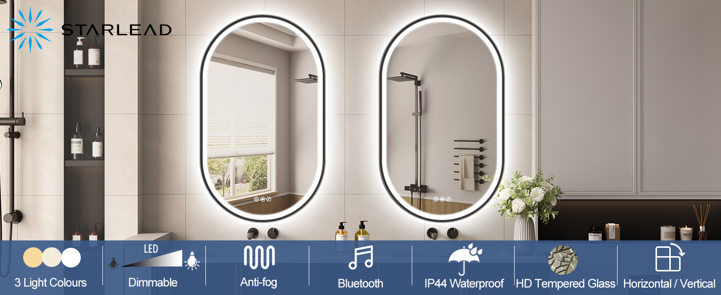 Дзеркало для ванної кімнати LED Starlead Munich 90x60 см з підсвічуванням, Bluetooth, регулюванням яскравості, 3 кольори світла, антизапарник, функція пам'яті, HD скло, IP44, горизонтальне/вертикальне встановлення, без рамки