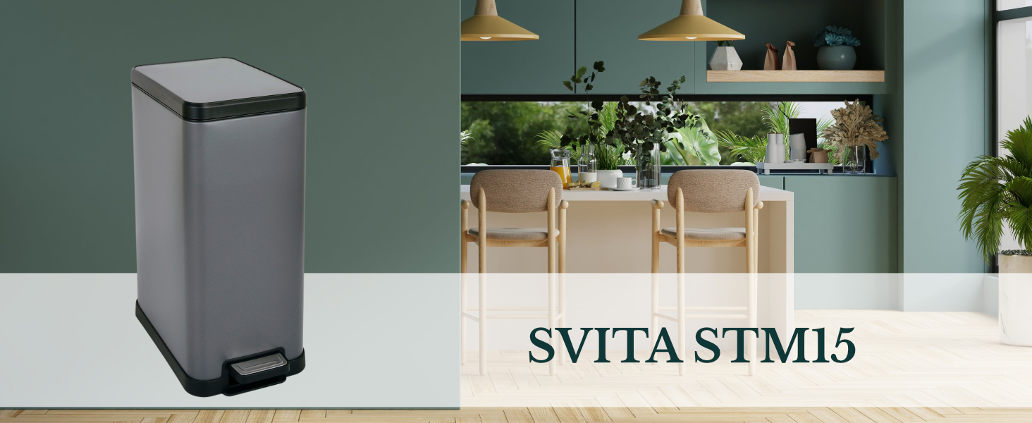 Відро для сміття SVITA STM15 з педаллю, 15л, сіре, прямокутне, з м'яким закриттям та внутрішнім відром