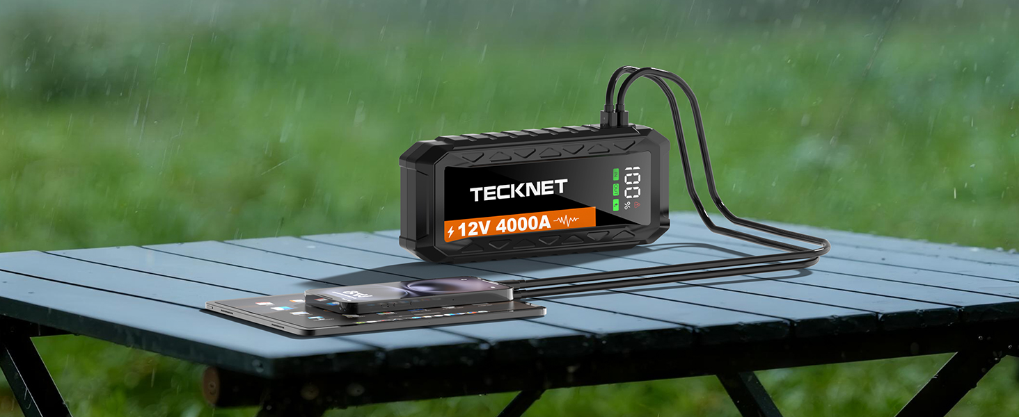 Powerbank для автомобіля TECKNET 4000A 12V: стартер, LED-ліхтарик, екран, кабель для авто, SUV, LKW, мотоциклів