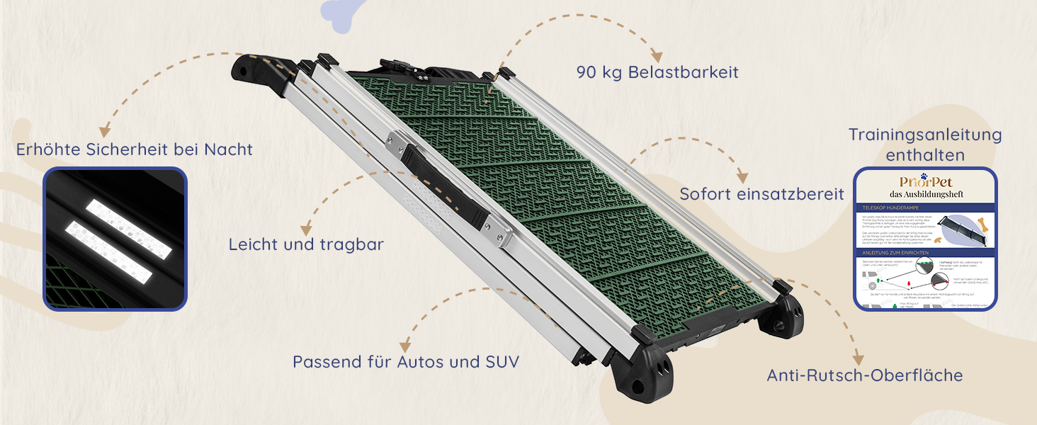 Трампліна для собак у машину, складана, стабільна, до 90 кг, для SUV та легкових авто, телескопічна алюмінієва, зелена, з кліпсою