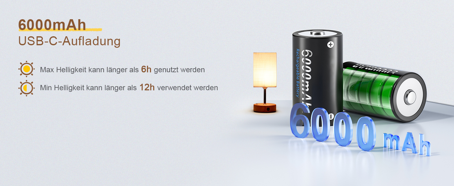 Бездротова настільна лампа TRUMPETS з акумулятором, сенсорне керування, регулювання яскравості, 3 колірні температури, USB-C, 6000mAh, для вітальні/спальні
