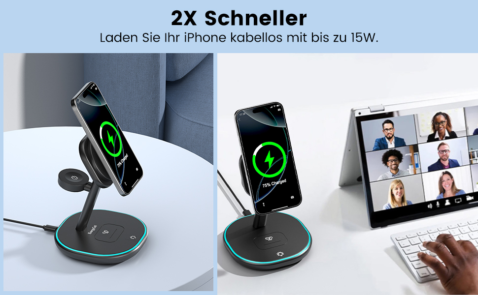 3-в-1 Зарядний пристрій MagSafe, 15W Швидка Бездротова Зарядка, Індукційна Зарядка для iPhone 16/15/14/13/12, Розумний годинник, AirPods Pro/2/3 - Чорний