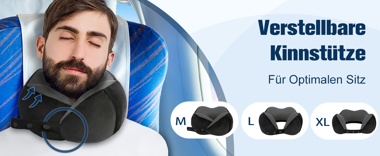 Подушка для шиї у літак, доросла, з піною Memory Foam, регульована, компактна, ергономічна, м'яка, дихаюча, з навушниками, маскою для сну, чорна сумка