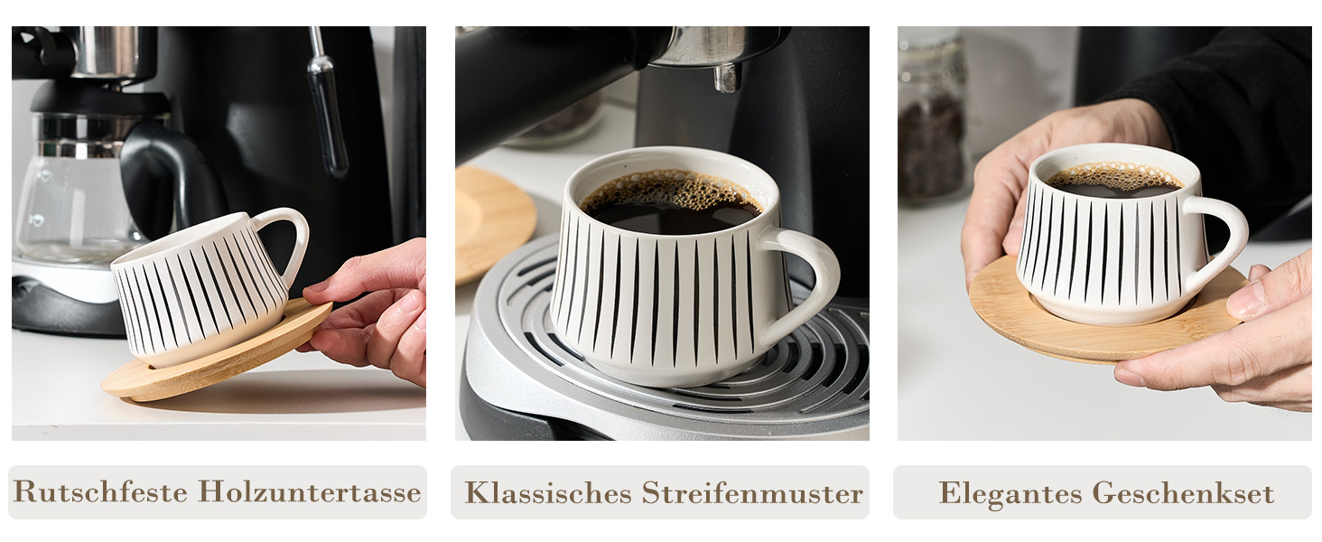 Набір керамічних чашок та підставок для кави з металевим стійкою (6 шт.), 130 мл, чорний, для капучіно, еспресо, лате, американо, чаю