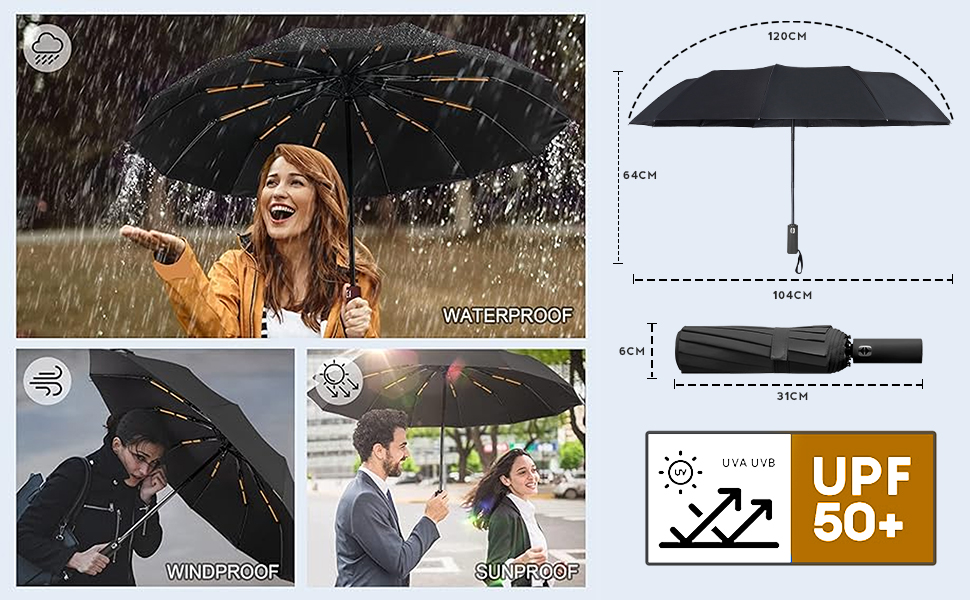 Складаний туристичний парасолька, вітростійка, автоматичне відкриття/закриття, 24 посилені ребра з фібергласу, захист від УФ-променів, легка та портативна, для дощу та сонячної погоди, білий колір