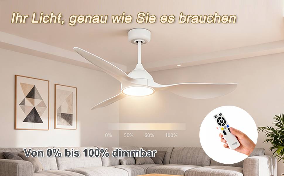 Стеляний вентилятор Reiga з підсвічуванням та пультом дистанційного керування 132 см, тихий реверсивний двигун, 6 швидкостей, таймер, регульована яскравість та 3 колірні температури, світло-коричневі лопаті (білий, з пультом)