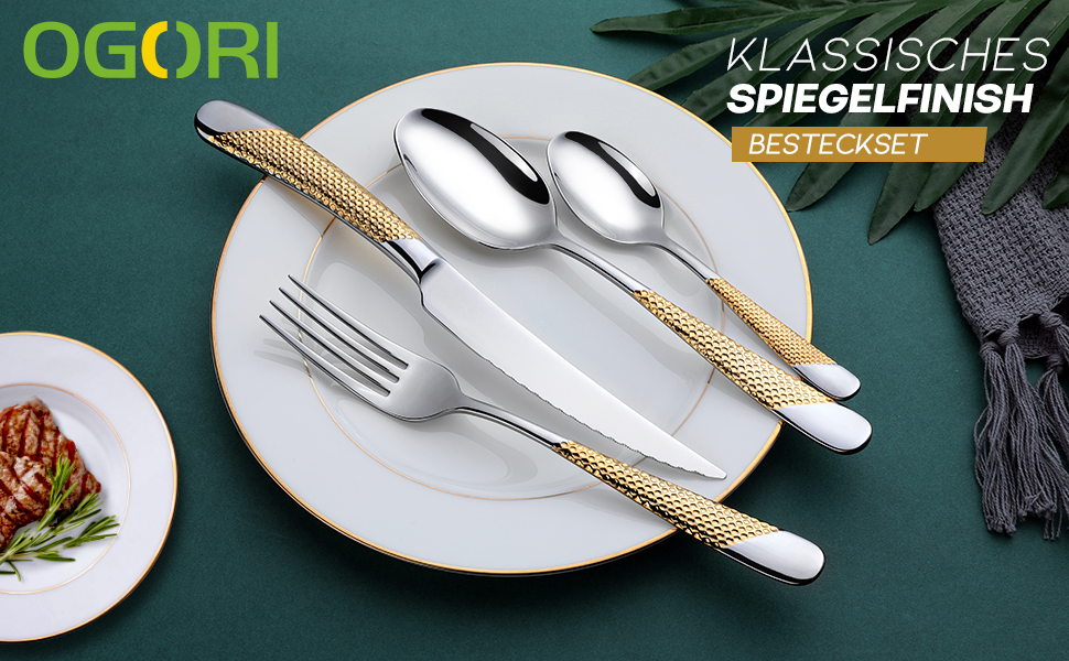 Набір столових приборів OGORI для 6 осіб (30 предметів), золотий, з дзеркальним поліруванням, нержавіюча сталь 18/10, для дому/вечірки/ресторану (подарункова коробка)