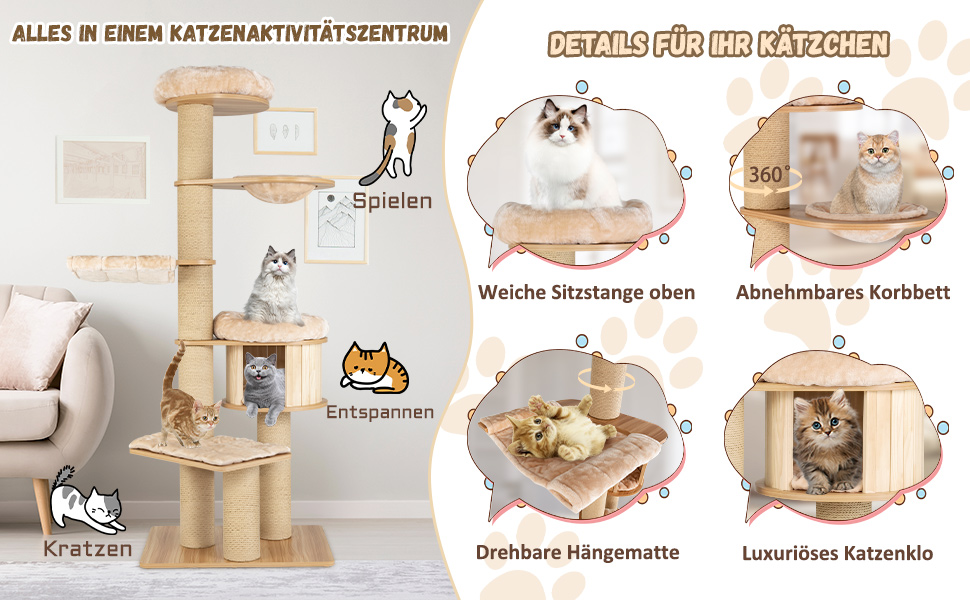 Дерев'яний кігтечка Costway 197 см з гамаком, будиночком та кошиком для котів, 7-ярусний, бежевий