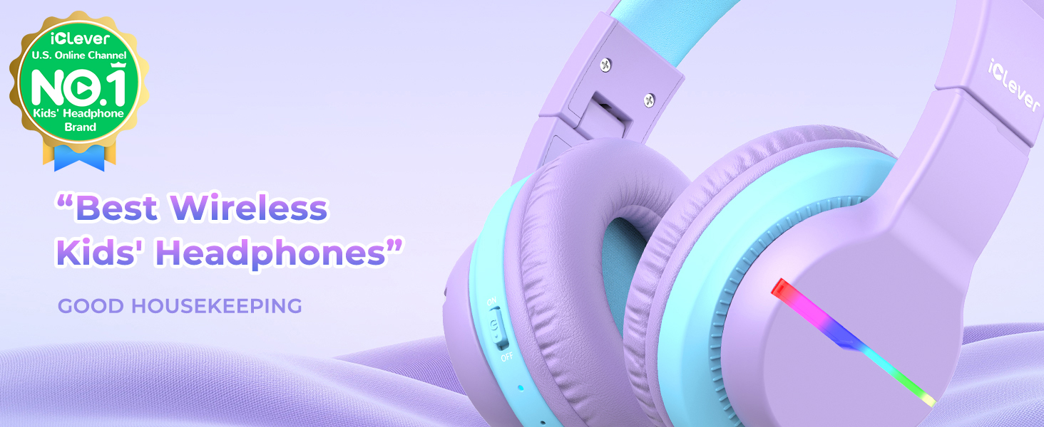 iClever Бездротові навушники для дітей з LED-підсвічуванням, Over-Ear, Bluetooth 5.2, мікрофон, BTH12, фіолетовий