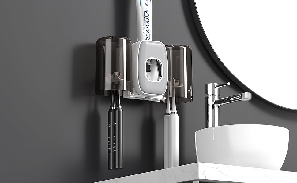 Настінний тримач для зубних щіток з автоматичним дозатором пасти, електричний для 4 щіток, 2 стаканчики, без свердління (чорний)