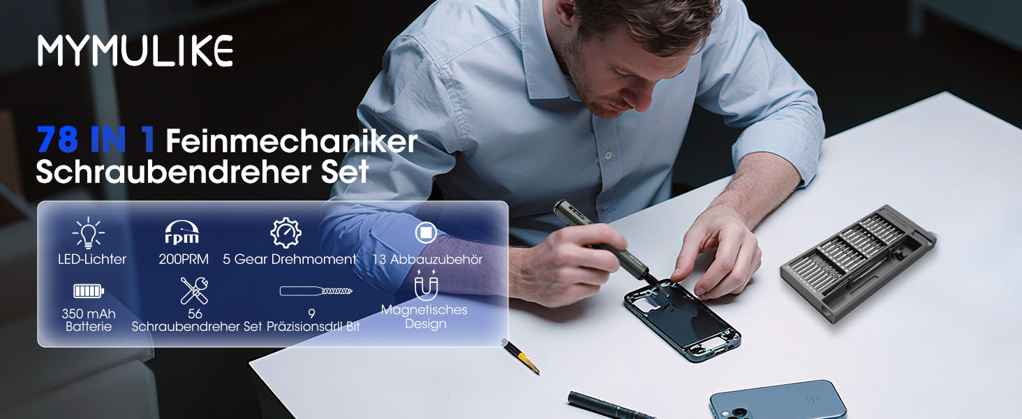 Набір електричного викрутника Mini 78 в 1 з 56 бітами, 9 свердлами, 5 режимами крутного моменту та LED-підсвічуванням для точної роботи (годинники, камери)