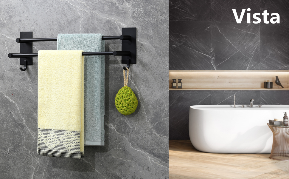 Тримач для рушників Vista без свердління, подвійний, 43.5 см, нержавіюча сталь, рушник-стійка для ванної кімнати, самоклеючий, для ванної кімнати та кухні (чорний)