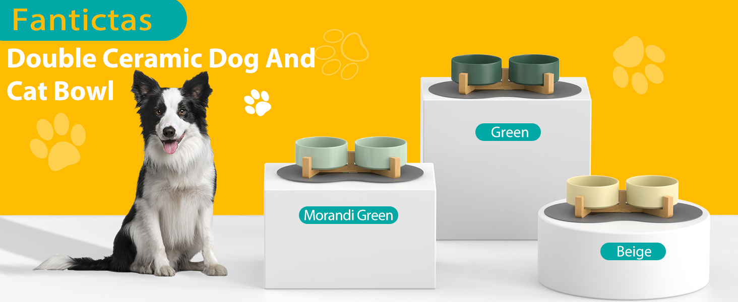 Doppel 850ml Ceramic Dog Bowl - Elevated Food and Water Bowl with Bamboo Stand & Non-Slip Mat for Medium & Large Dogs