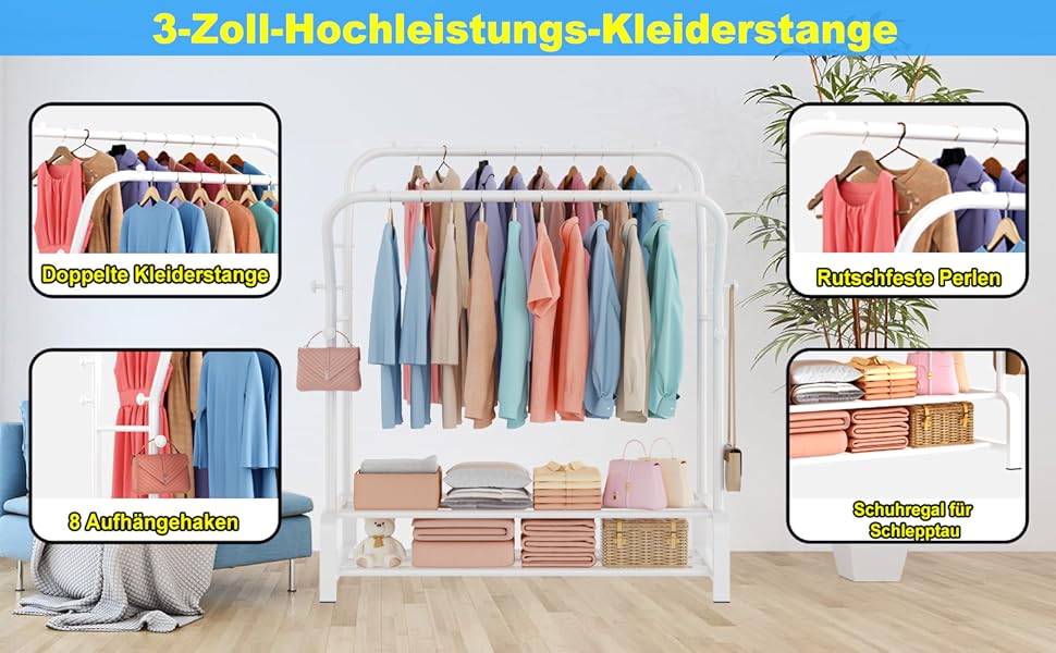 Вішалка для одягу металева подвійна з гачками та полицею для взуття, біла - Stabil