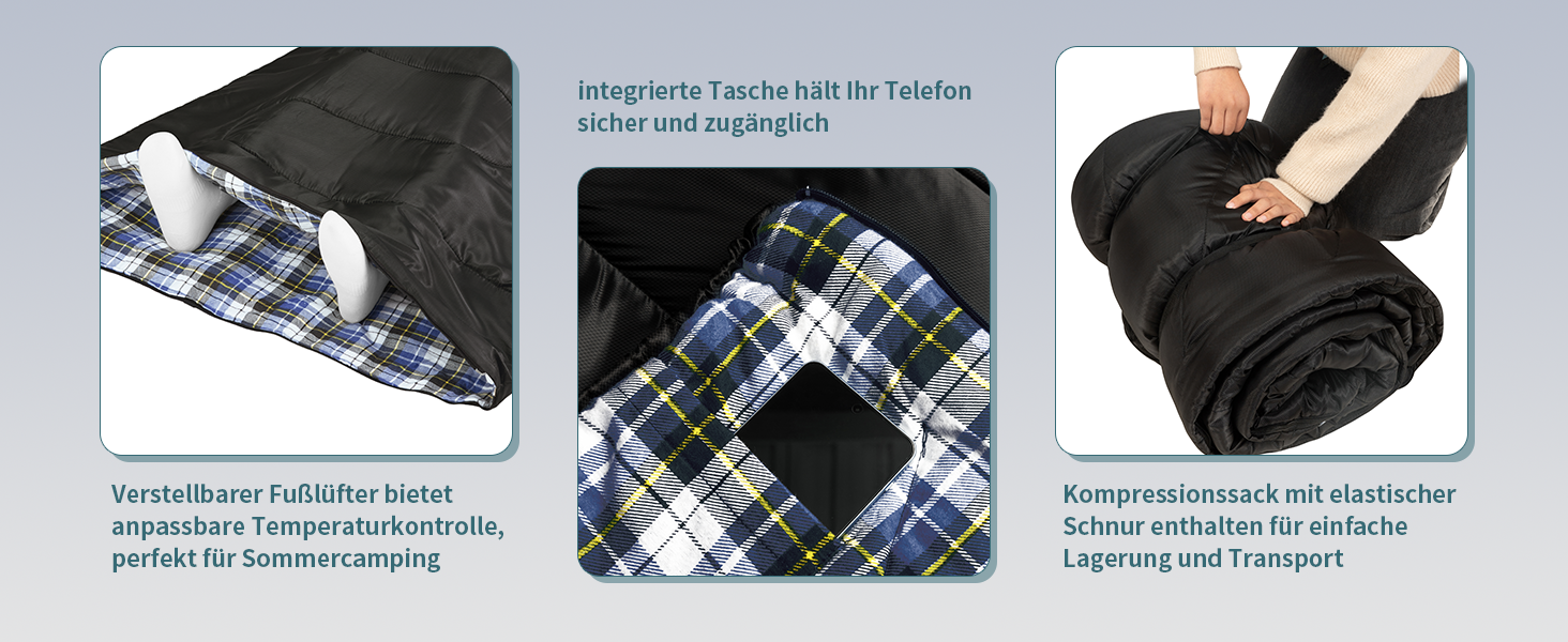 Сплячий мішок GEERTOP XXL для 4 сезонів, фланелевий, 220x100 см, для дорослих, кемпінг, подорожі, піші прогулянки (чорний з червоною клітинкою)