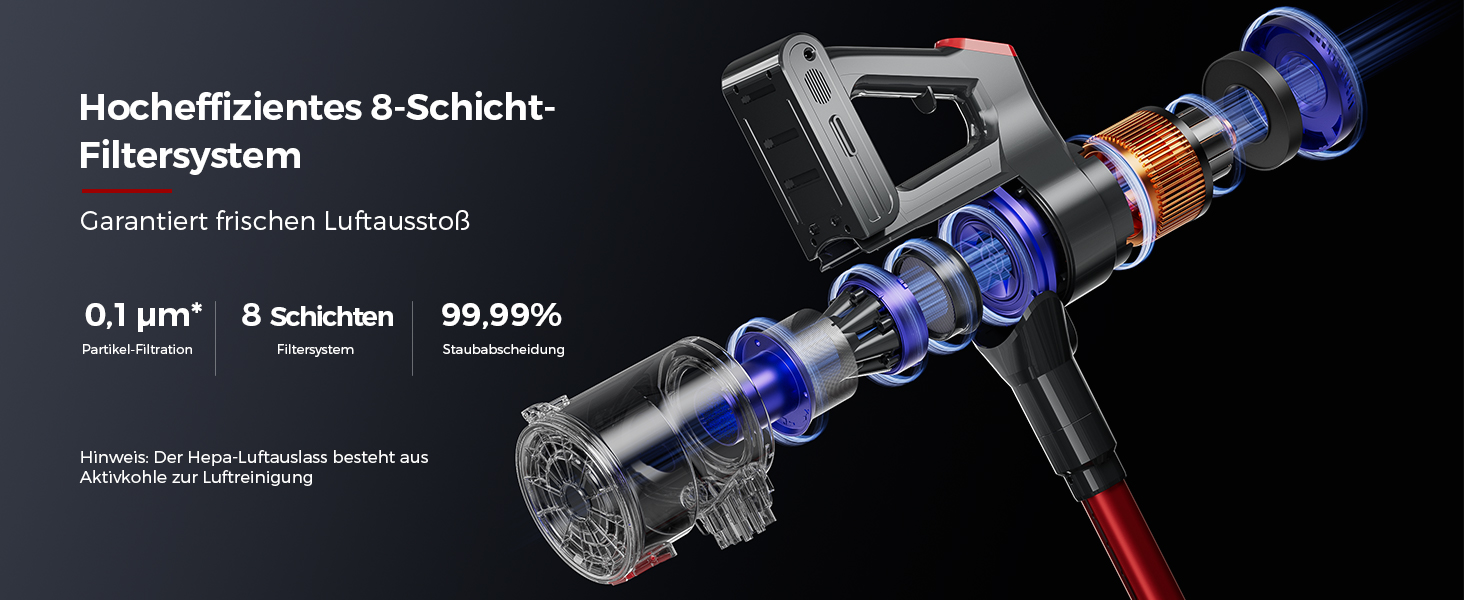 Бездротовий пилосос 48000Pa/550W з акумулятором, 70 хвилин роботи, об'єм 1.6л, 8-шарова фільтрація, тихий, з антизаплутуючим насадкою для твердих поверхонь, червоний, Rot 15 Ultra