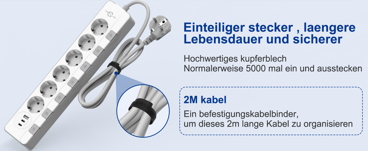 Мережевий фільтр KEPLUG з USB, 4000W, 16A, 6 розеток, білий
