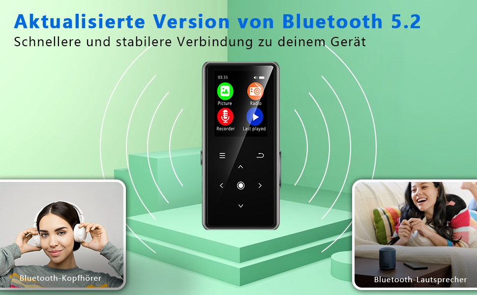 MP3-плеєр AiMoonsa 64GB з Bluetooth 5.2, FM-радіо, HiFi-звук, E-Book, вбудований HD-динамік та функцією запису голосу, чорний