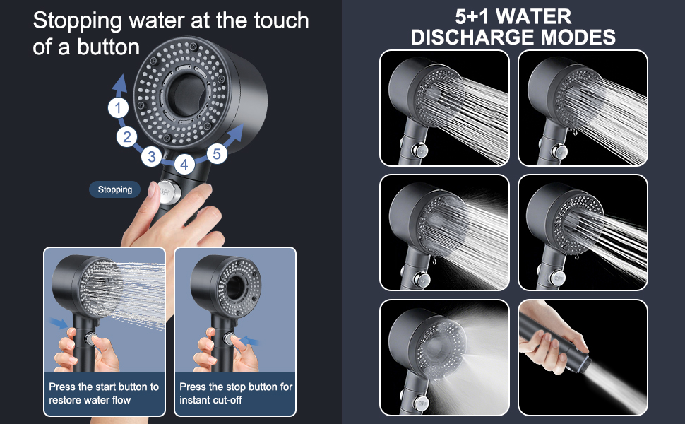 Насадка для душу з шлангом 2 м, фільтрована ручна лійка, високий тиск, економія води з мінеральними кульками, 5 режимів, стоп-функція для жорсткої води, залишків хлору, бактерій та важких металів, сірого кольору з шлангом