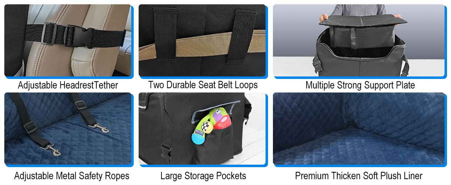 Stable Multi-Pet Car Seat with Safety Belt - Elevated Dog Basket for Medium Dogs, Washable & Reinforced - Royal Blue, Large