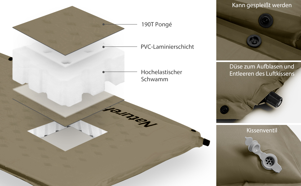 Каремат Naturehike самонадувний з подушкою, комбінований двомісний, ультралегкий, 3 см, армійний зелений, для кемпінгу та подорожей