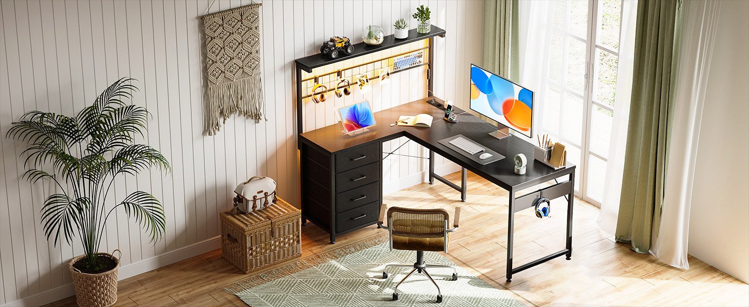 Ігровий стіл Coleshome з LED підсвічуванням, 130 x 100 см. Реверсивний стіл з шухлядами та розетками, кутовий стіл з полицею та місцем для зберігання, чорний