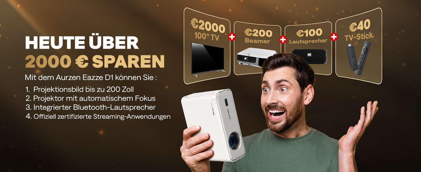 Aurzen Eazze D1 Smart Beamer: 4K проєктор для дому, Wi-Fi, Bluetooth, Netflix, Dolby Audio, автофокус, корекція трапеції, Mini проєктор, білий
