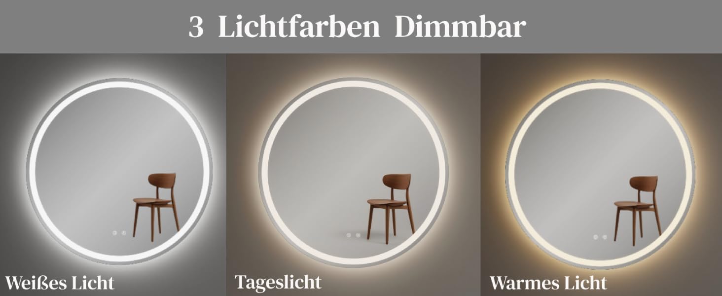 Круглий дзеркало для ванної кімнати Clevich з підсвічуванням, 80 см, сенсорне управління, протитуманне покриття, 3 кольори світла, регулювання яскравості