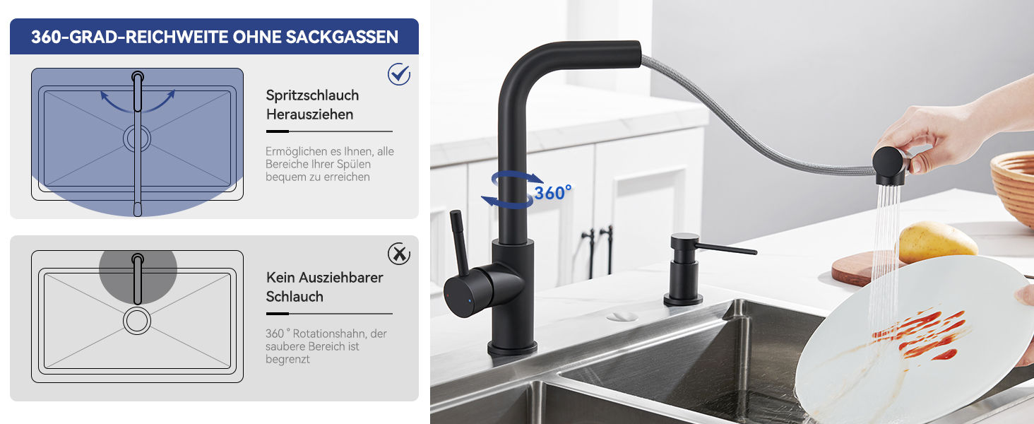Змішувач кухонний висувний Sofetiy з душем, нержавіюча сталь, чорний, 360°