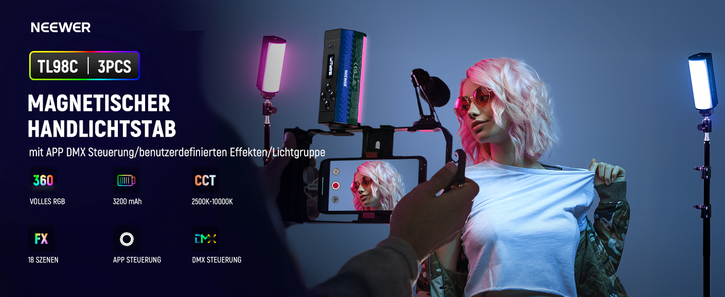 NEEWER LED відеоліхтар з магнітним кріпленням та штативом, RGB, 2500-8500K, 2500mAh, для фото- та відеозйомки, TL96RGB (TL98C (3 шт.))