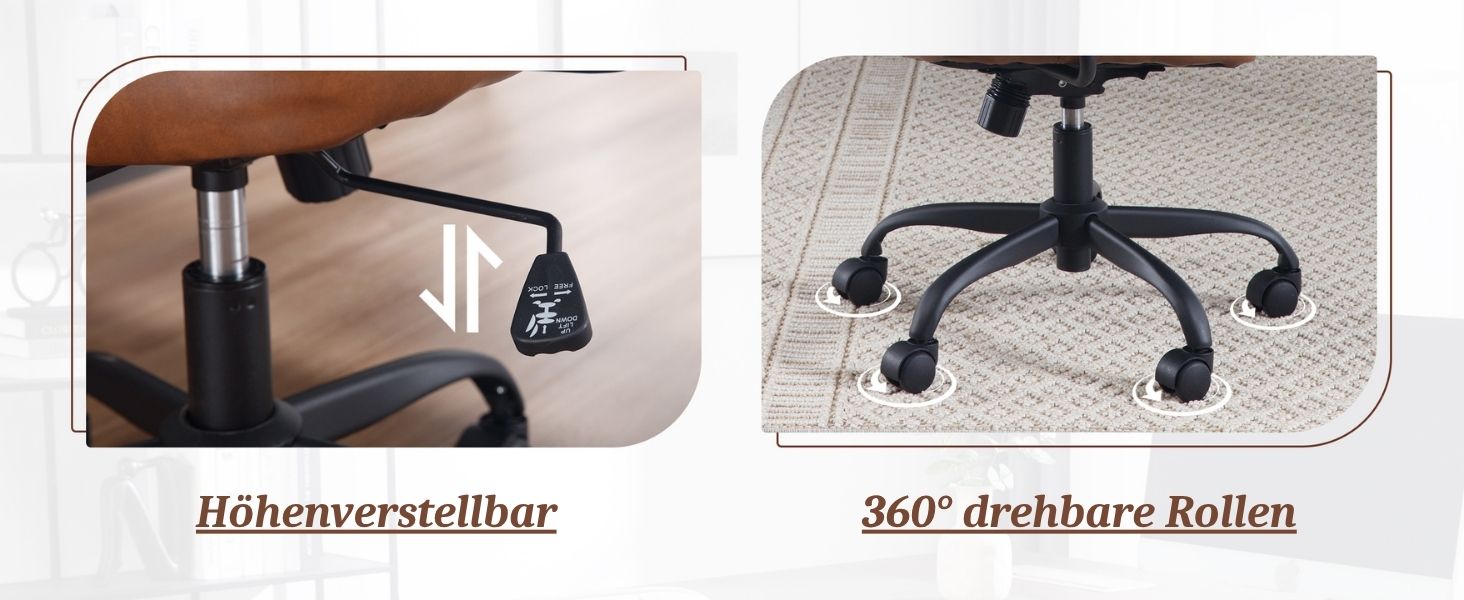 Офісний крісло з штучної шкіри, 360° обертання, регульована висота, ергономічний комп'ютерний стілець з підлокітниками для робочого кабінету/офісу/вітальні, Колір: Коричневий