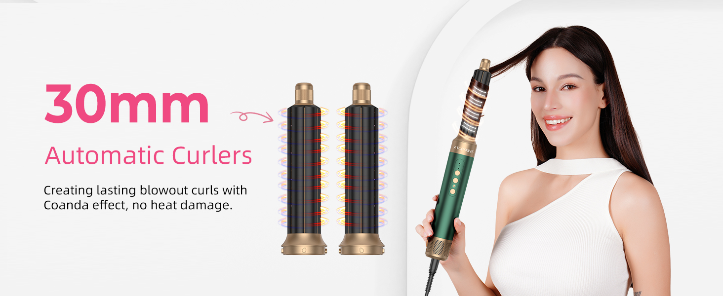 Airstyler Pro 7-в-1: Фен-щітка, плойка, випрямляч, стайлер для волосся Atopskins, 11000 обертів, з насадкою-дифузором, для створення об'єму, локонів та випрямлення, зелено-золотий