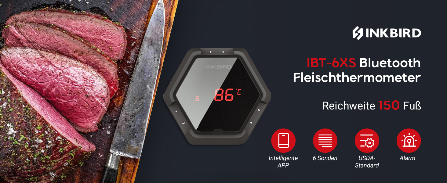 М'ясний термометр Inkbird IBT-26S з Bluetooth 5.1 та Wi-Fi, 4 температурні щупи, магнітне кріплення, USB-зарядка, для гриля, духовки, BBQ, коптильні