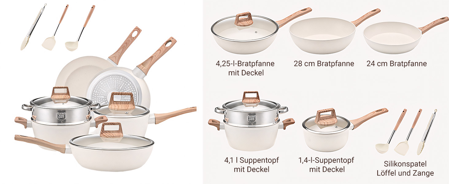 Набір каструль 12 шт. Induktion Kochset: Набір посуду з медичного каменю з кришкою, антипригарне покриття. Ідеально для приготування, смаження та випікання (чорний)