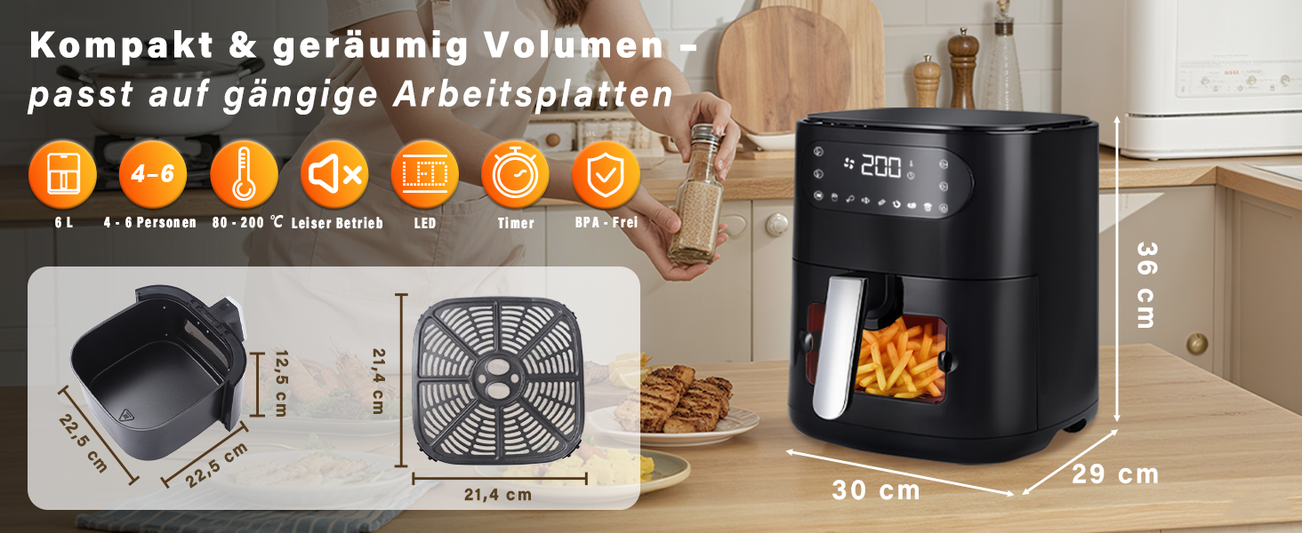 Фритюрниця повітряна 6L з окремим кошиком, прозорим вікном та 7 програмами - тиха, легко чиститься, з таймером та сенсорним екраном, 10 листків пергаменту для сімейного використання (Чорна)