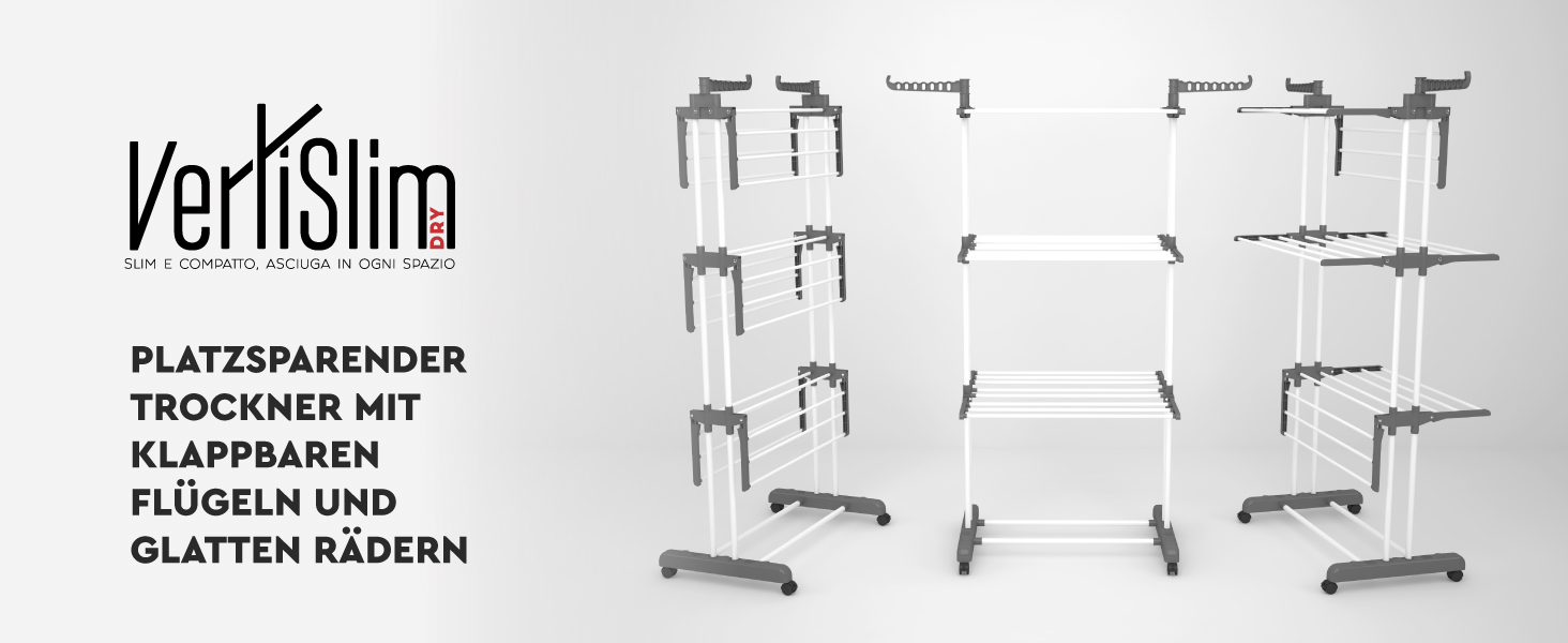 Сушарка для білизни VertiSlim Dry складана, вежа з 4 рівнями, нержавіюча сталь, з колесами та бічними крилами, сіра - для дому та вулиці