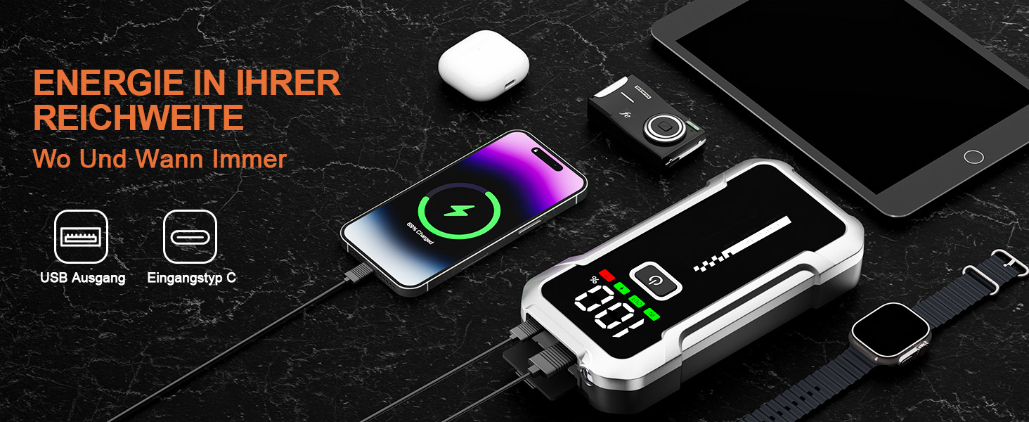 Портативний акумулятор Starthilfe для автомобіля 7000A: Запуск 12V авто, SUV, мотоцикла, газонокосарки. LED дисплей, чорний