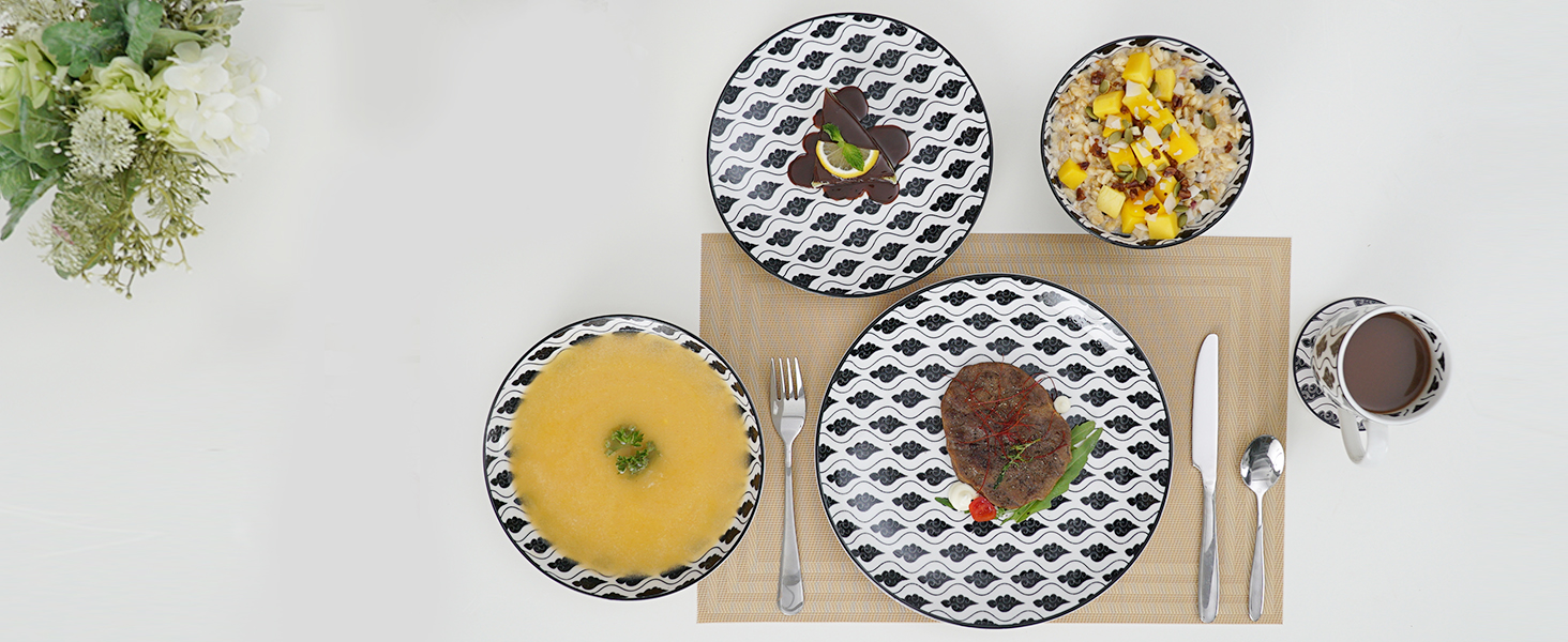 Набір тарілок Vancasso Haruka: 4 супові тарілки з порцеляни, Ø 21 см, 700 мл, чорний + кремовий