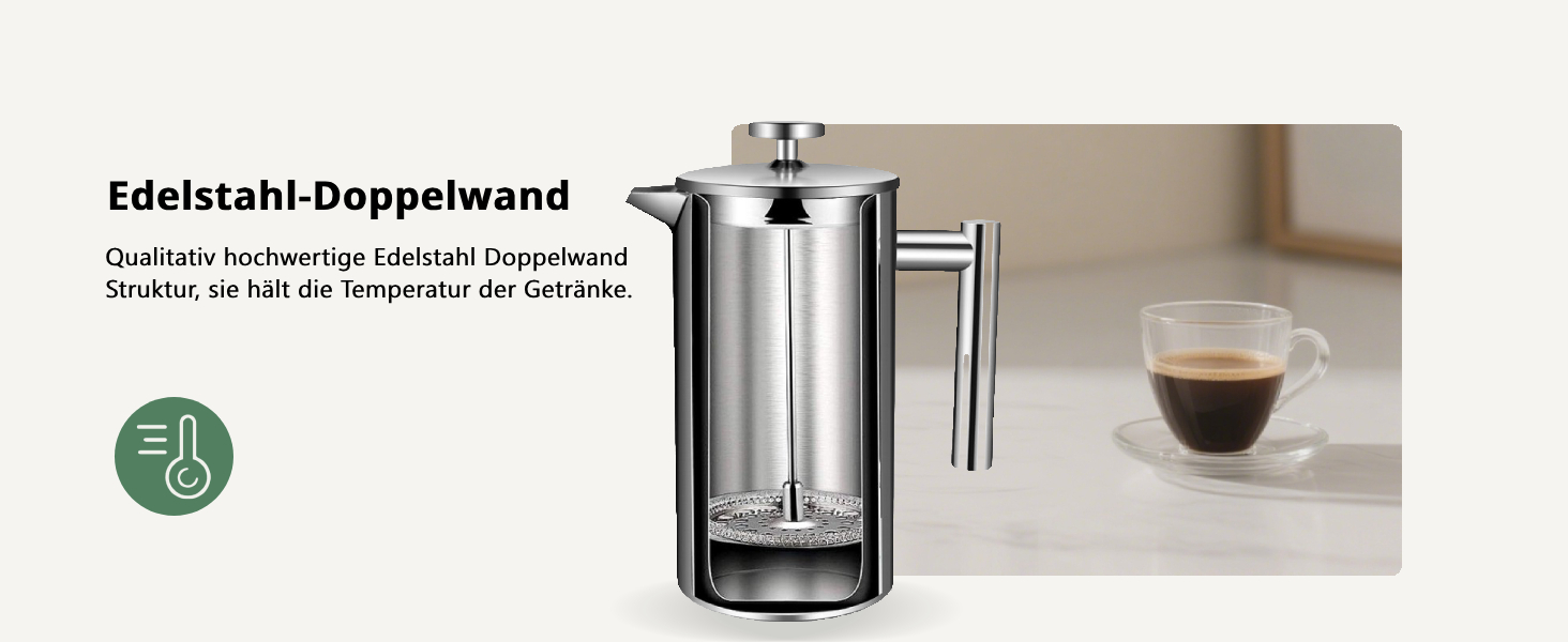 Френч-прес для кави 1L з нержавіючої сталі, термоізольований, з подвійними стінками та 5 фільтрами