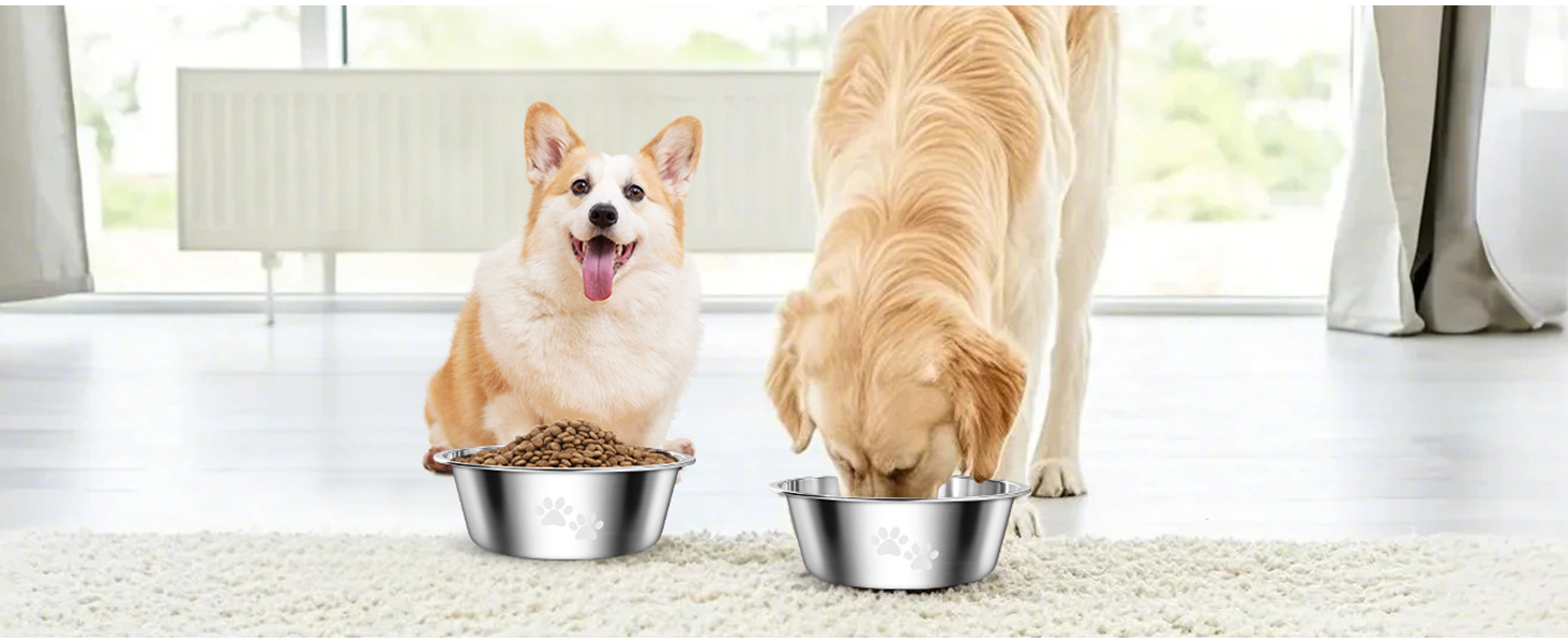 PETTOM Миски для собак з нержавіючої сталі, 2 шт. (3120 мл), миска для корму для собак великих, середніх та маленьких порід, миска для води з неслизьким силіконовим дном, розмір M - 21 см, срібний колір