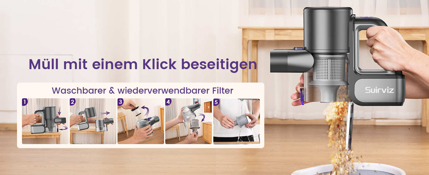 Акумуляторний пилосос Suirviz бездротовий, 40000Pa/500W, 45 хв роботи, самостійна парковка, легкий, для твердих поверхонь, килимів, шерсті тварин, фіолетовий