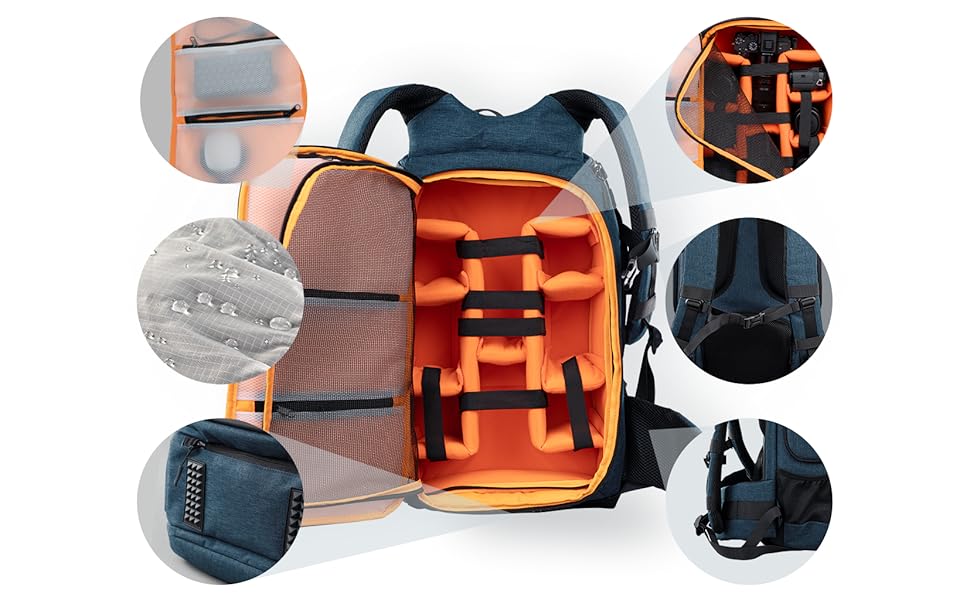 Рюкзак для фототехніки DÖRR Prag Go 16L/Prag Pro 20L, водонепроникний, для дзеркальних/зеркальних беззеркальних камер, відділення для ноутбука 16 дюймів, знімні перегородки, кріплення для штатива, рюкзак для дронів, міцний та легкий (блакитний)