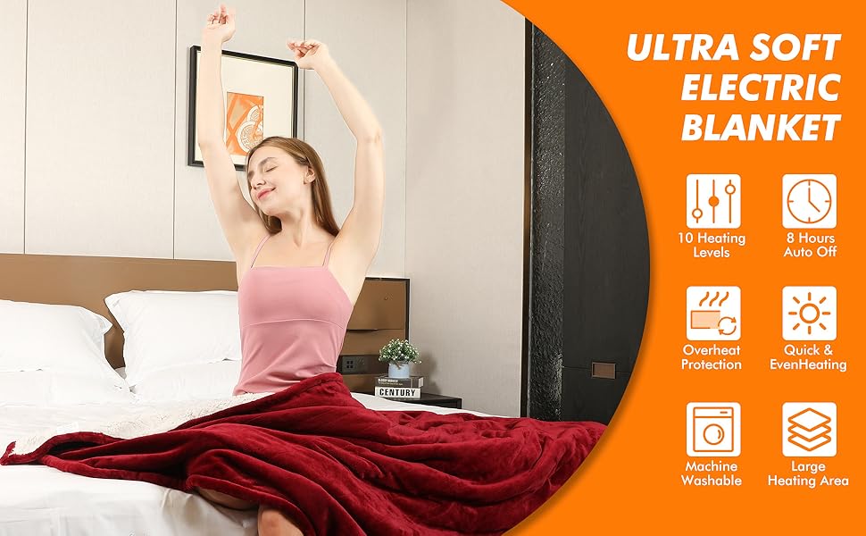 Електрична ковдра Qieryun з автовимкненням, 130x180 см, 10 режимів нагріву, таймер 8 годин, захист від перегріву, флісова ковдра, пральна машина, для дому та офісу (червона, 150 x 180 см)