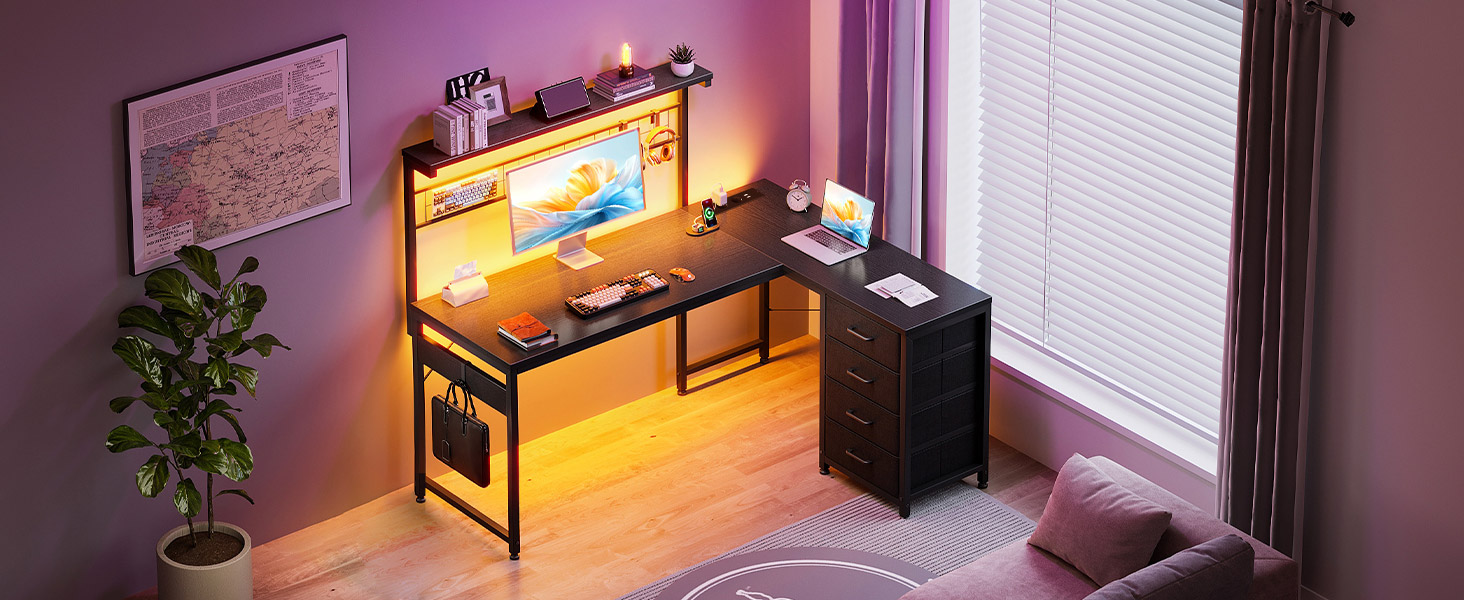 Ігровий стіл Coleshome з LED підсвічуванням, 130 x 100 см. Реверсивний стіл з шухлядами та розетками, кутовий стіл з полицею та місцем для зберігання, чорний