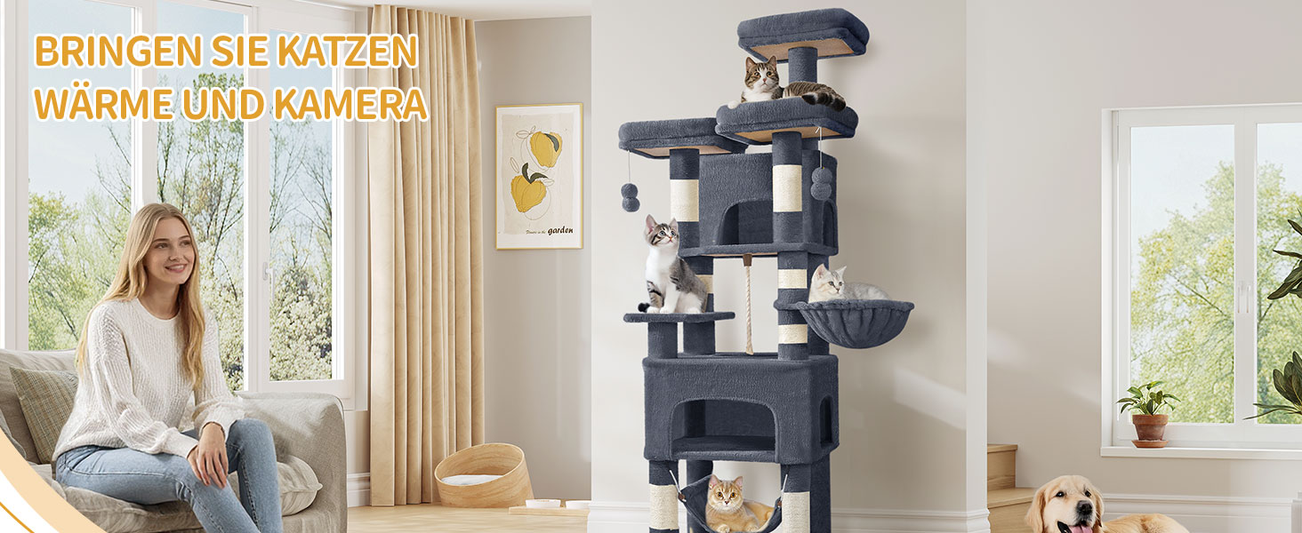 Кігтеточка для котів Hzuaneri, 176 см, XL, 3 платформи, 2 печери, 7 кігтеточних стовпів, гамак, плюшеві кульки, для багатокотових домівок, темно-сірий MS17618SG
