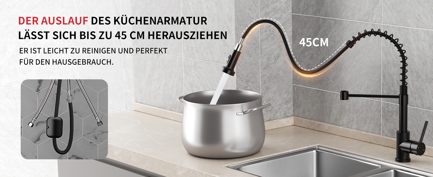 Кухонний змішувач Rainsworth з нержавіючої сталі, чорний, з висувною лійкою та двома струменями, 360° обертання, 45 см