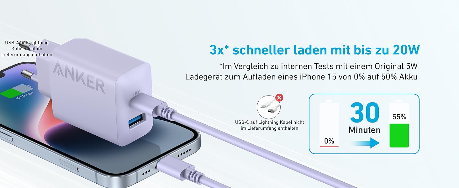 Зарядний пристрій Anker 20W USB-C, адаптер живлення для iPad, швидка зарядка, сумісний з iPhone 17/16/15 (з кабелем USB-C 150см), фіолетовий