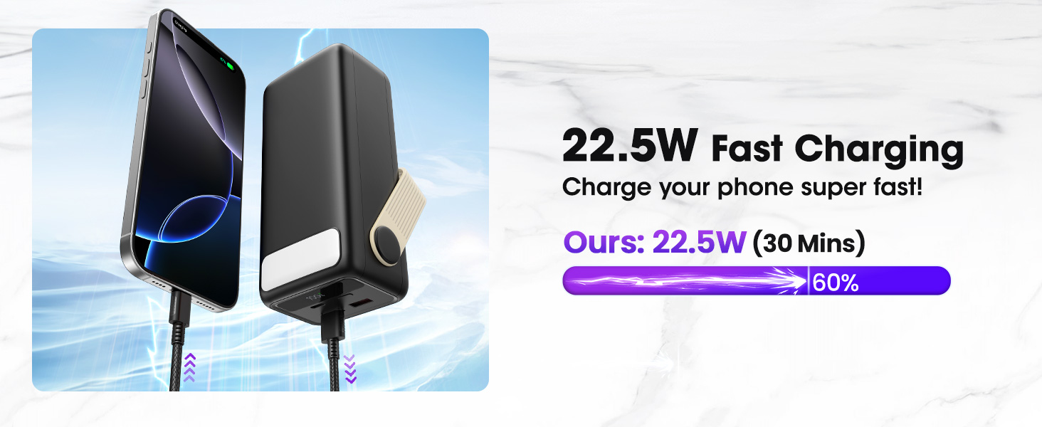 Портативний зарядний пристрій Power Bank 60000mAh з LED-ліхтариком, 22.5W, PD20W, для iPhone/Android, чорний