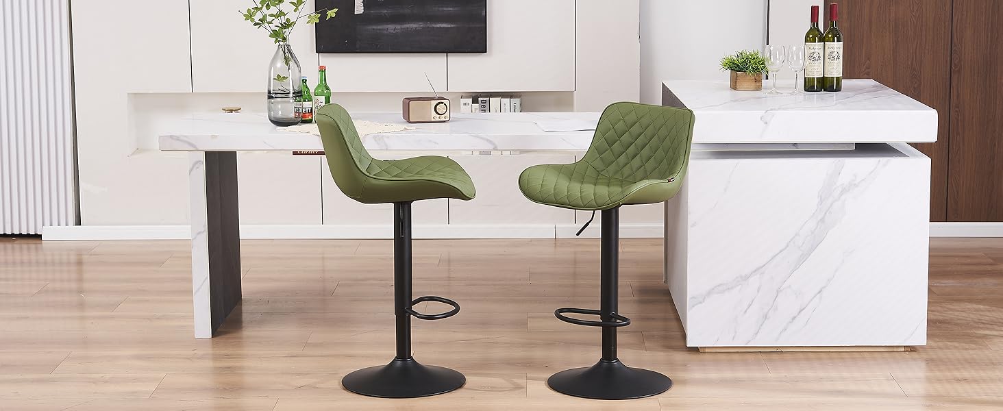 YOUNIKE Adjustable Bar Stools 2-Pack - Modern Kitchen Barstools with PU Leather Upholstery, Swivel Metal Bar Chairs for Counter/Island (Green)