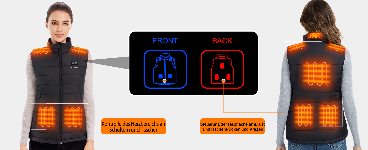 Тепла жилетка для жінок з акумулятором 18400mAh 7.4V – 8 зон нагріву, водовідштовхувальна, легка, пральна, для активного відпочинку, чорна